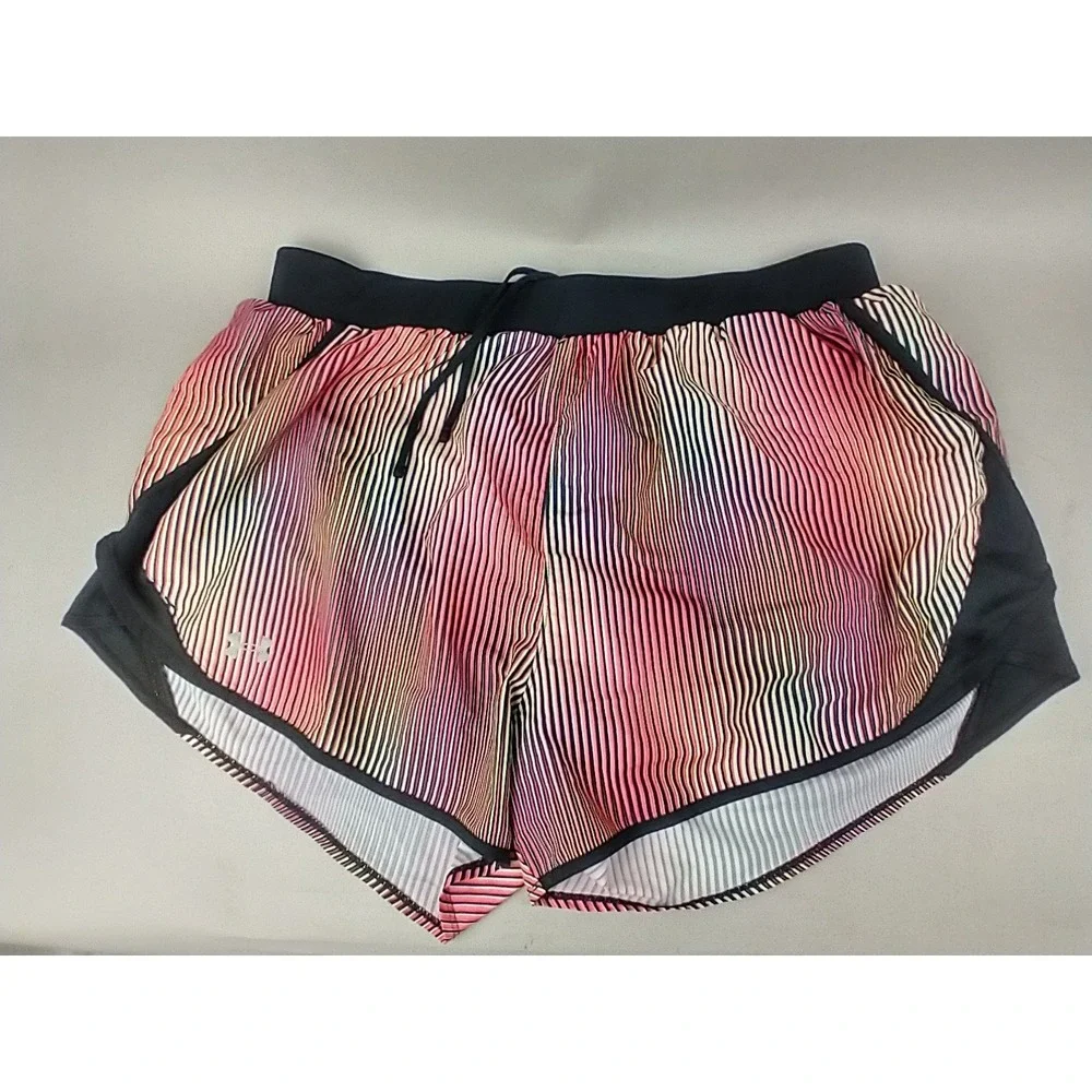 Under Armour HeatGear Women 1X Pink Black Striped Lined Running Shorts‎ Loose